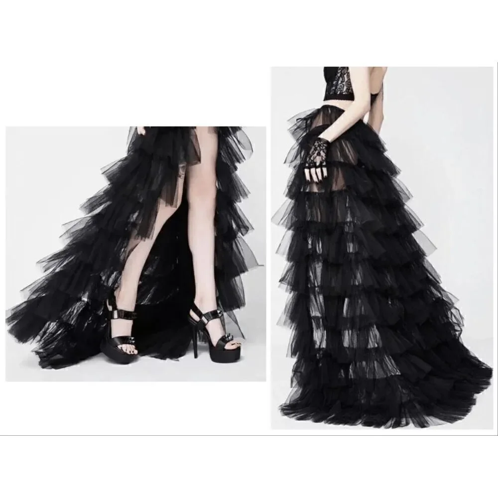 🖤 NEW Goth Tier Layered Tulle Mesh Petticoat Train Wrap Hi-Lo Black Open Skirt